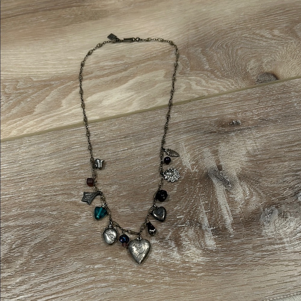 Silver Charm Necklace with Heart and Gem Accents